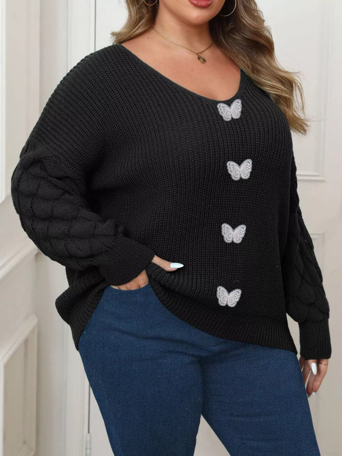Trendsi Plus Size Butterfly Dropped Shoulder Sweater -