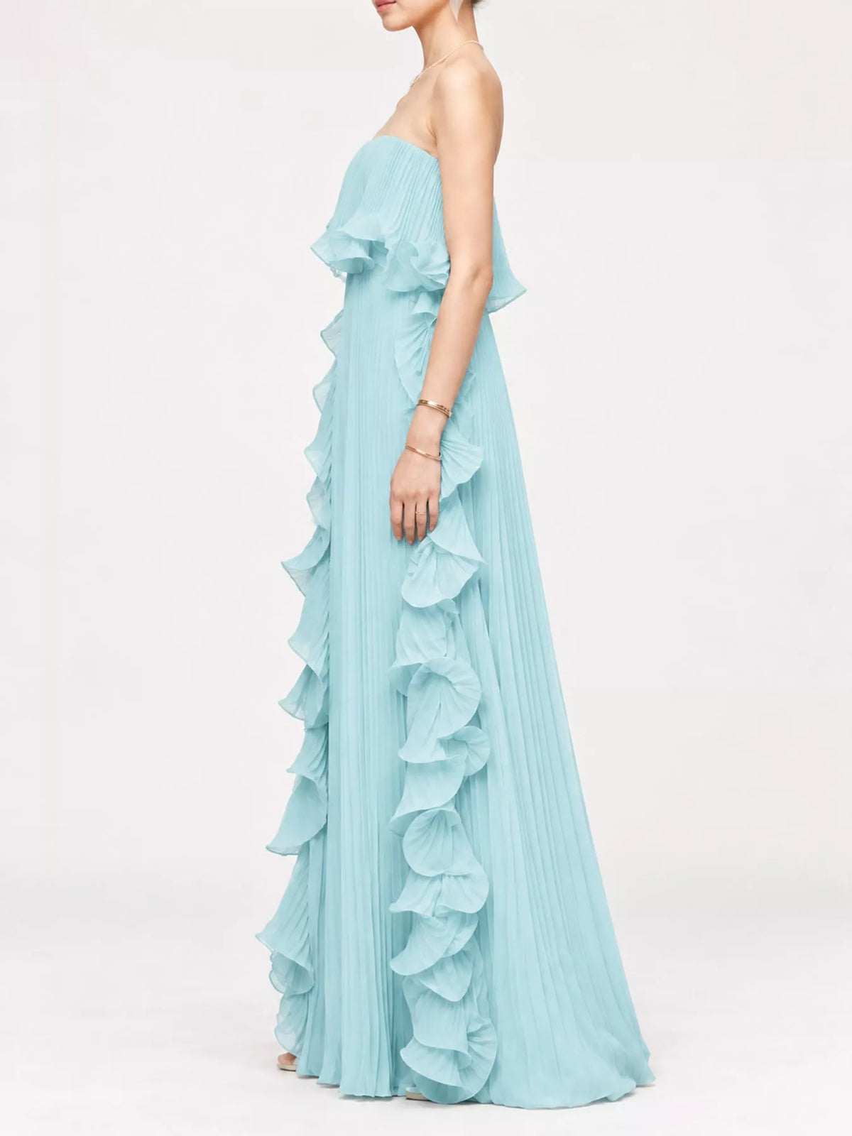 Ruffled Strapless Pleated Maxi Dress — side view