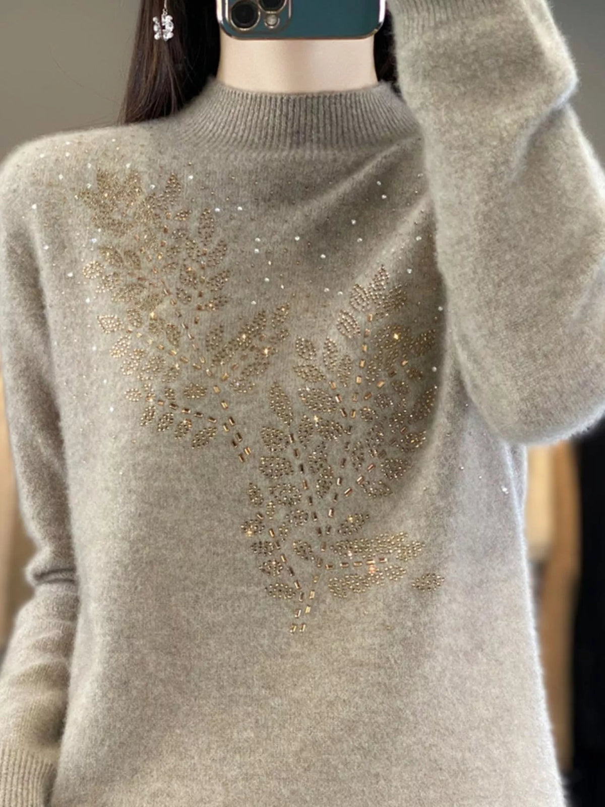 Rhinestone Leaf Mock Neck Sweater — front view