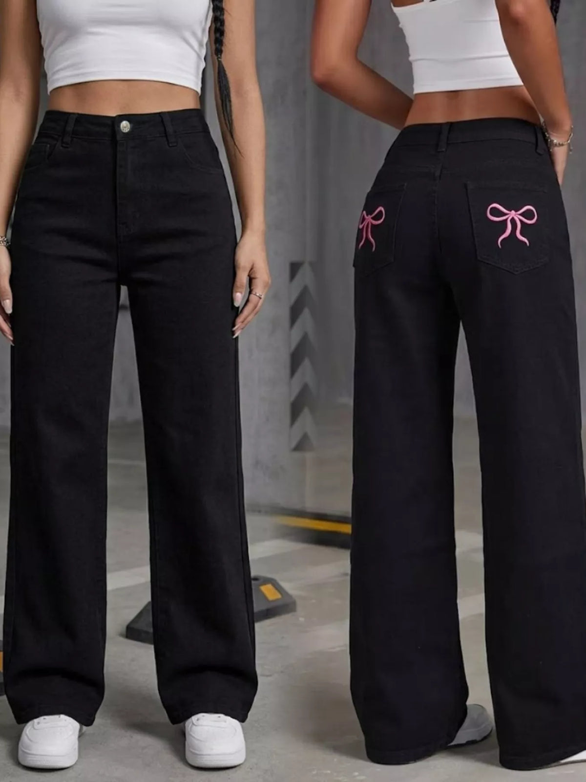 High-Waisted Bow Detail Wide-Leg Jeans in black, front and back comparison view