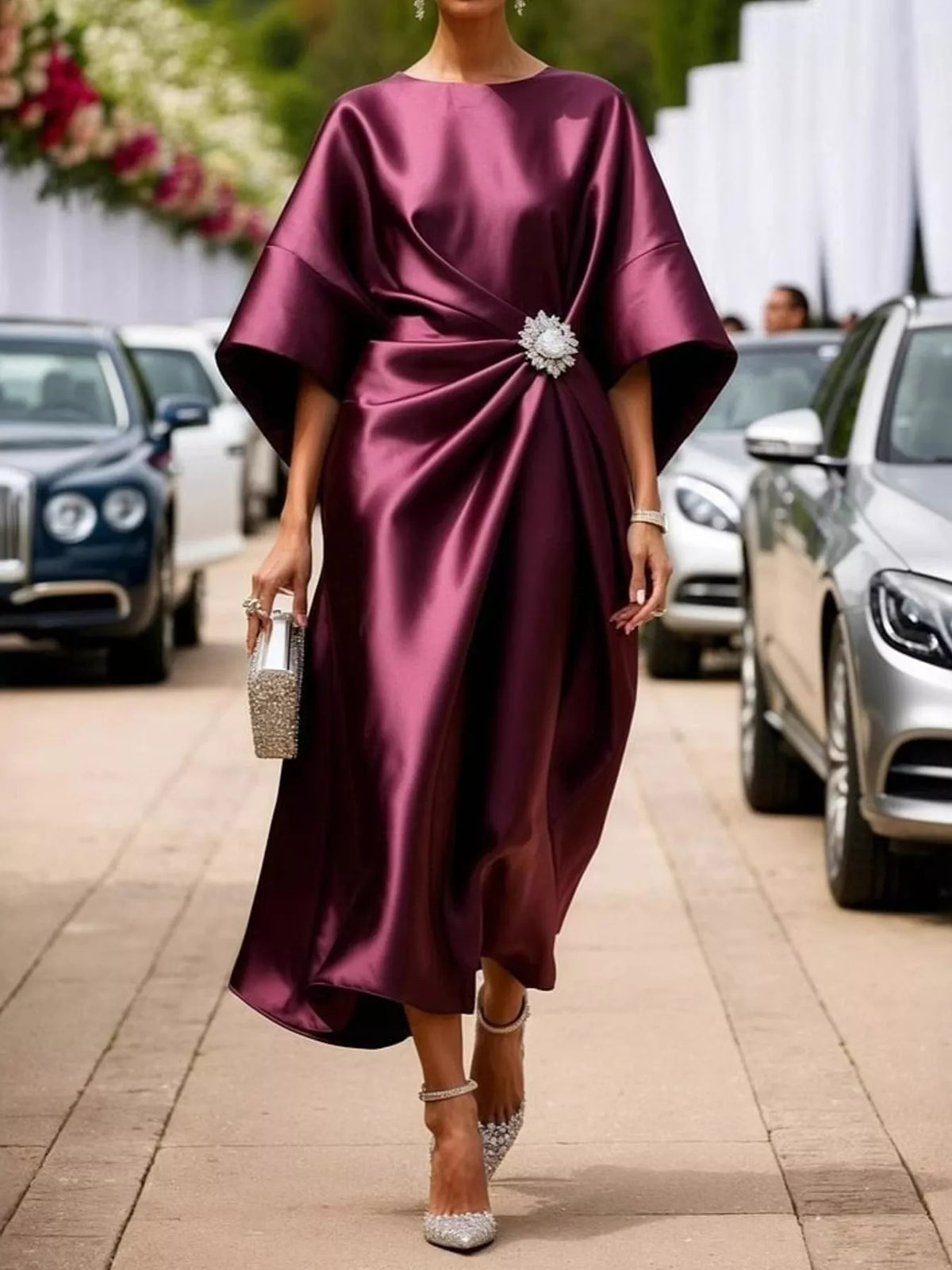 Burgundy satin draped brooch evening dress