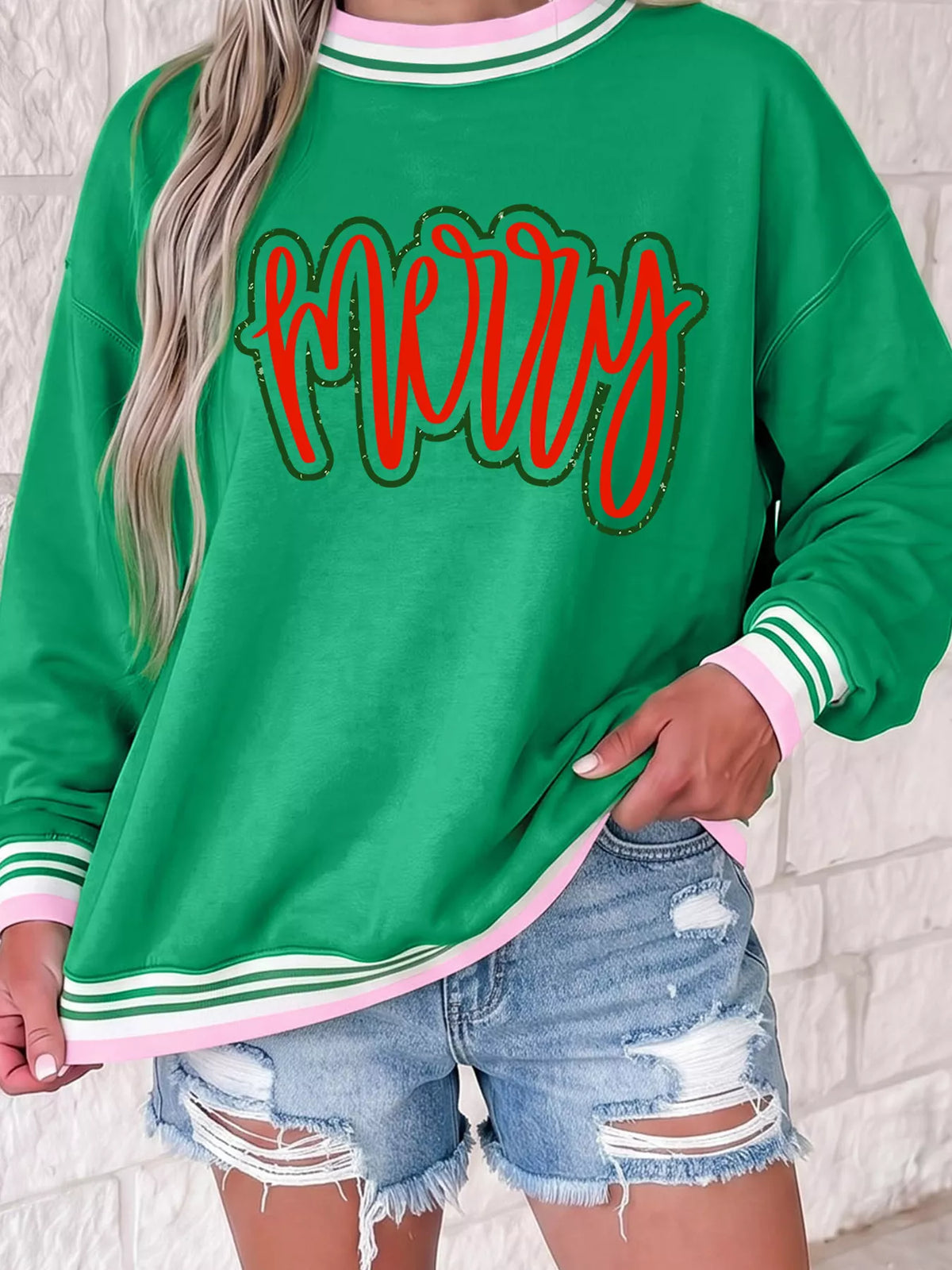 Merry Graphic Striped Trim Crew Neck Sweatshirt in green, front view