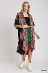 Trendsi Umgee Satin Border Print Short Sleeve Open Front Kimono -