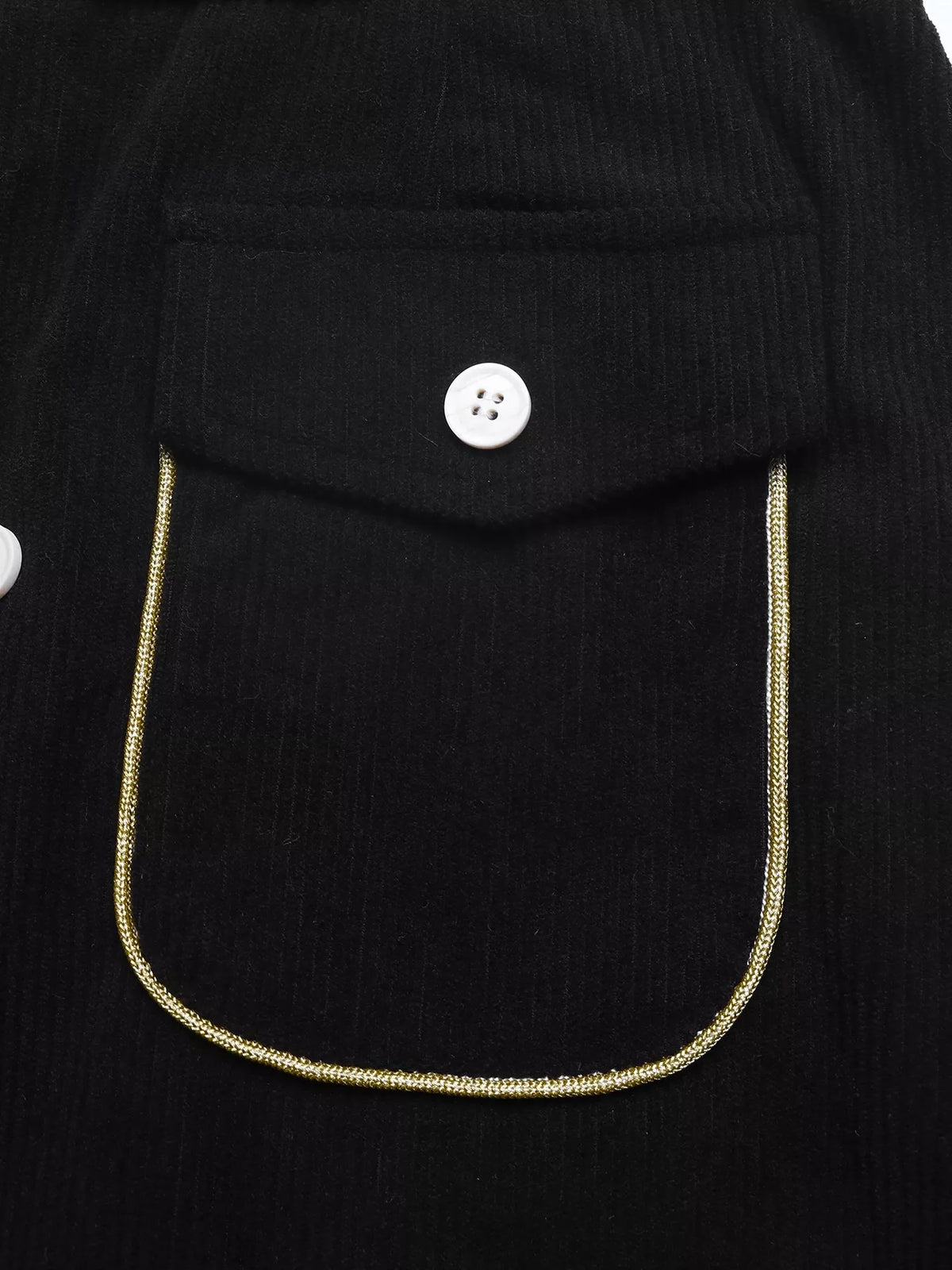 Black corduroy button-front midi skirt, flap pocket detail