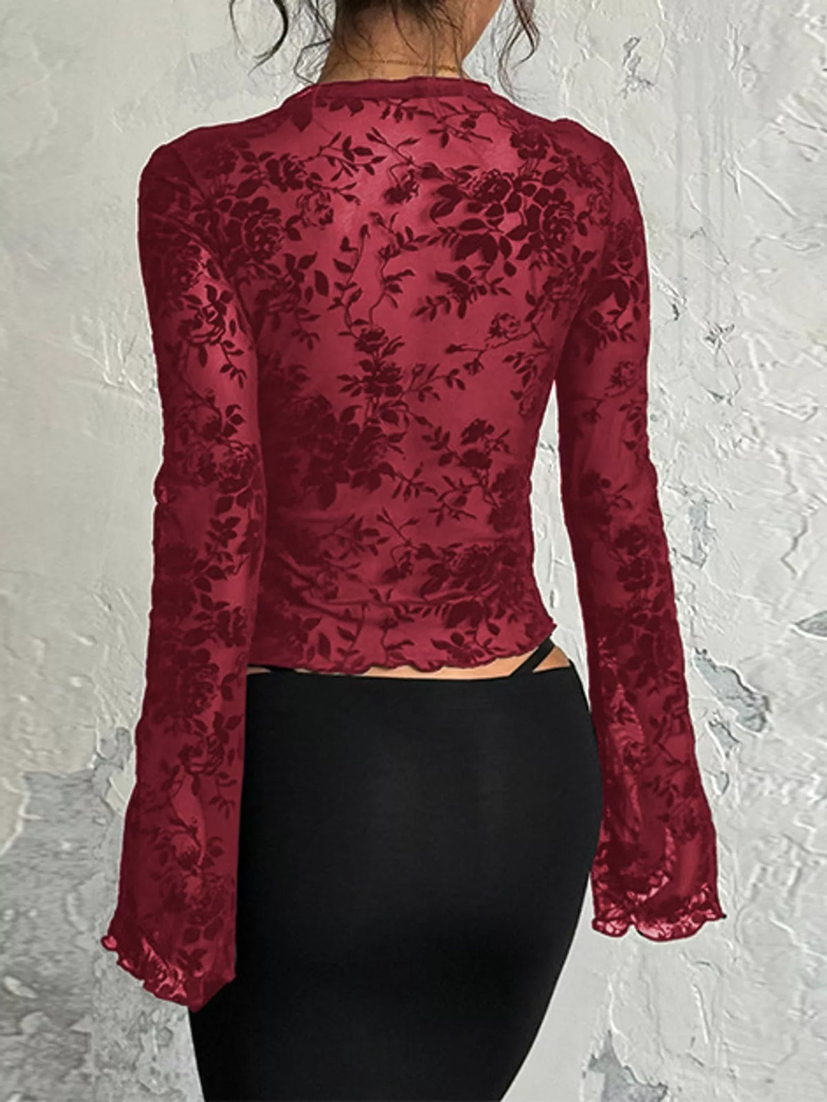 Sheer Floral Tie-Front Flare Sleeve Top, back view in burgundy