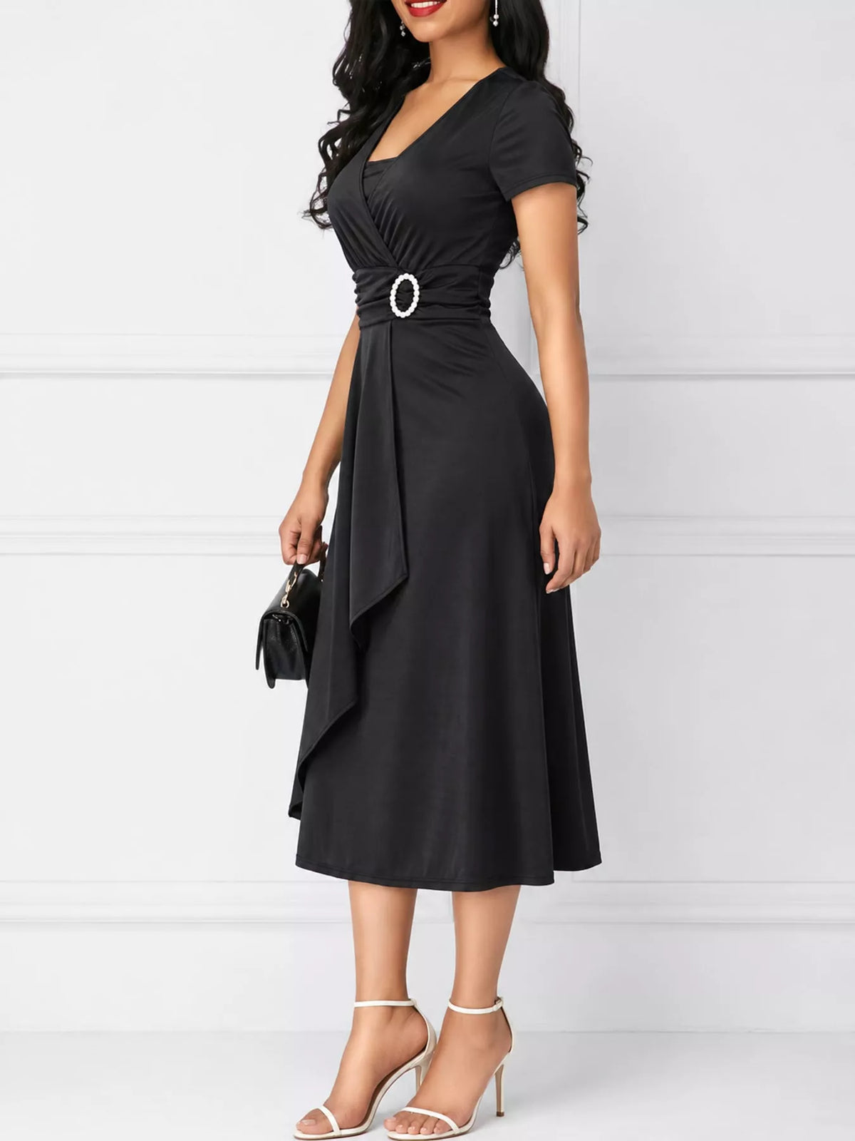 Decorative Buckle Short Sleeve Dress — side view