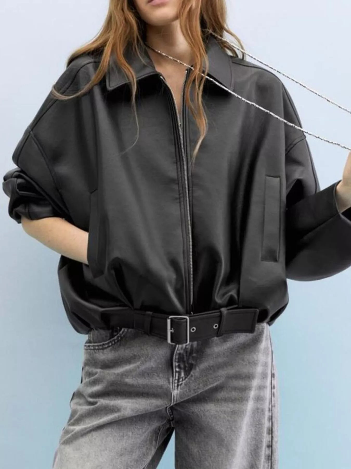 Trendsi Faux Leather Zip Up Jacket -