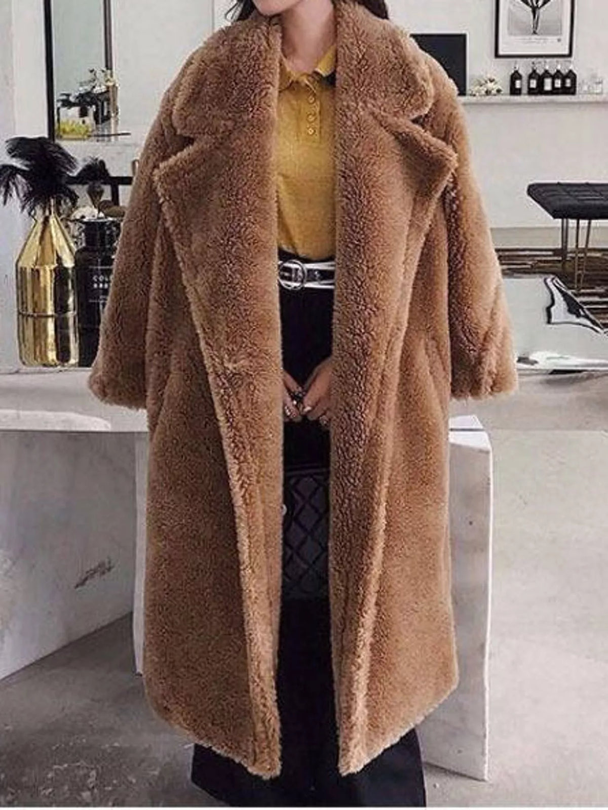 Collared long sleeve jacket, front view on model