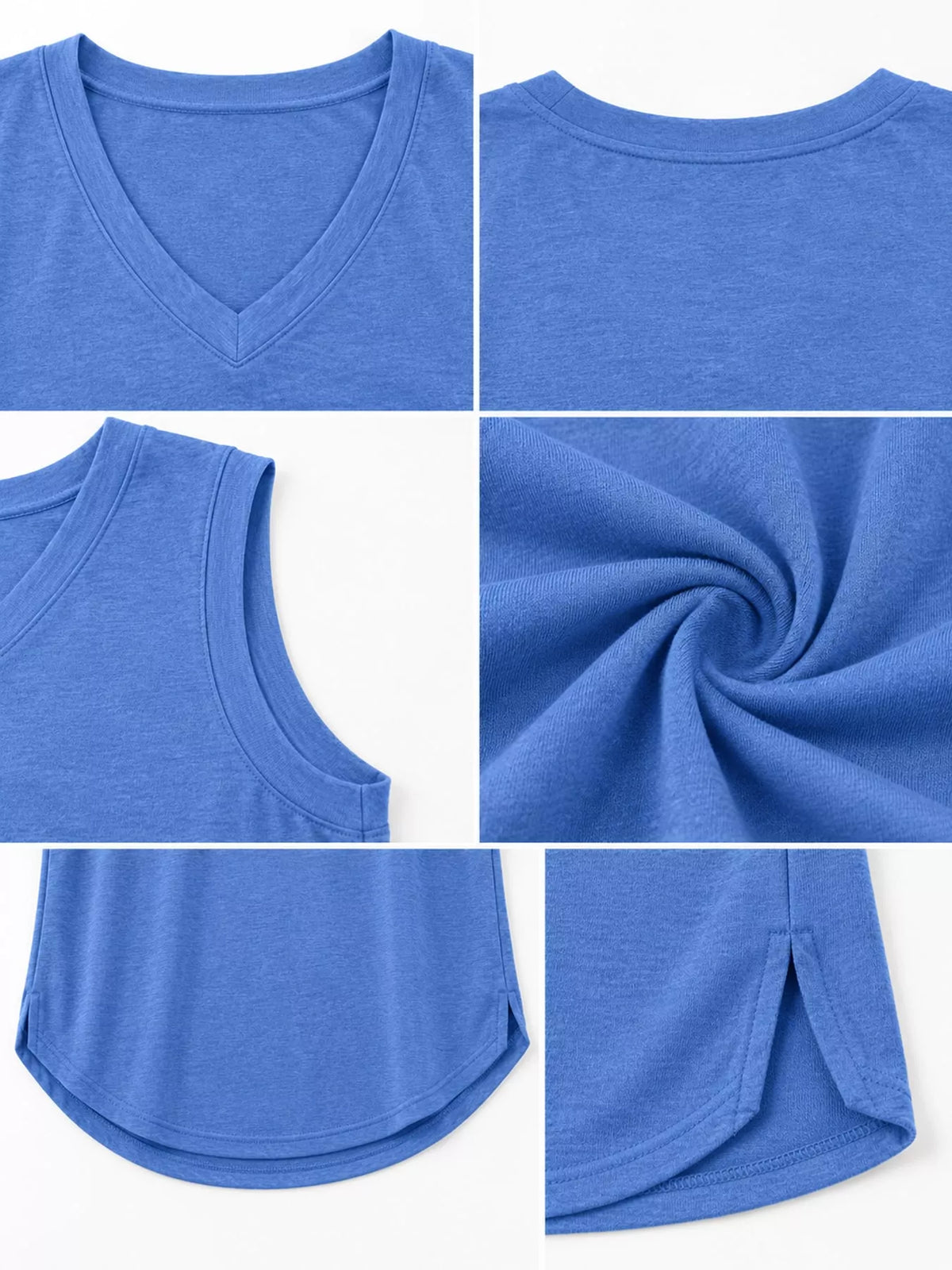 Blue v-neck loose fit tank top, front and back neckline, armhole, hem, and side slit close-ups