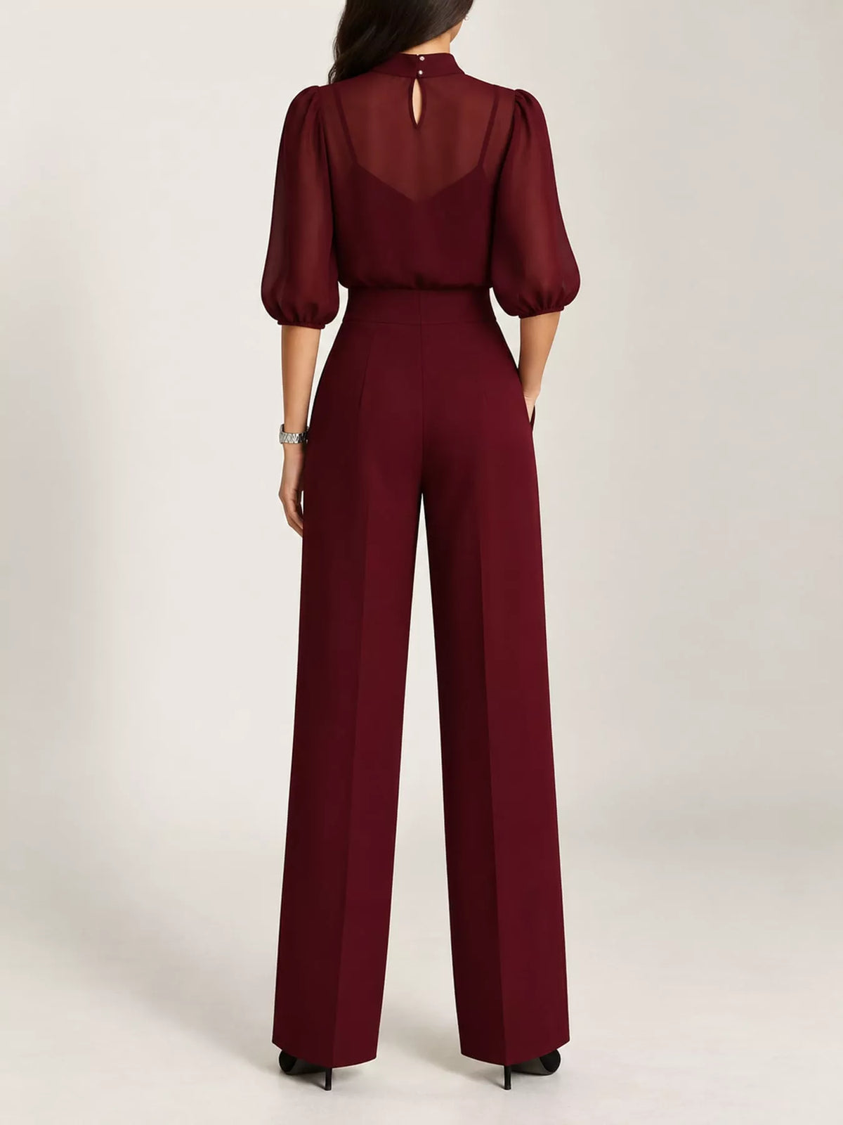 Women's Mock Neck Puff Sleeve Top and Wide Leg Pants Set in burgundy — back view