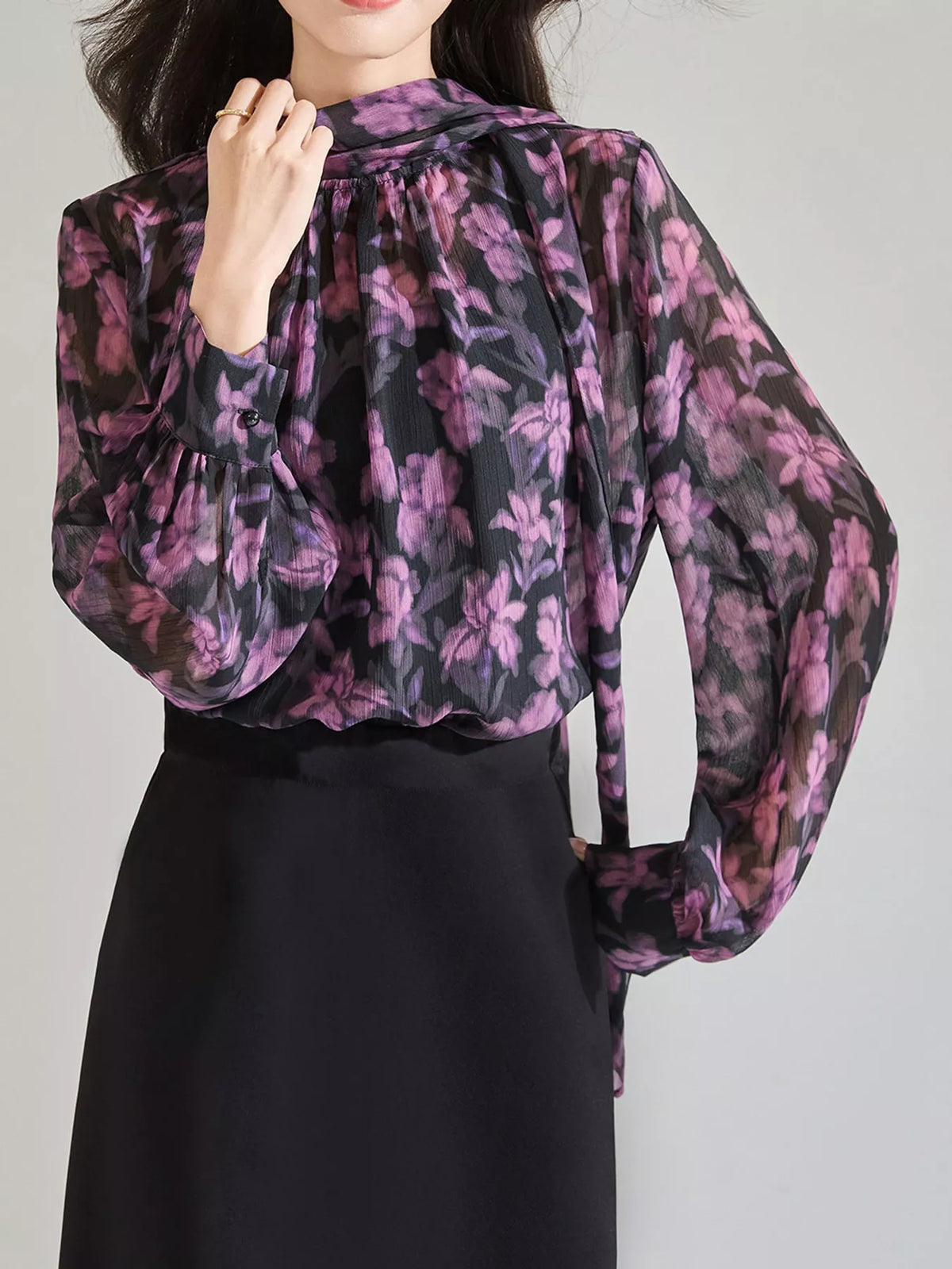 Floral Print Chiffon Blouse with Tie-Neck Detail in purple