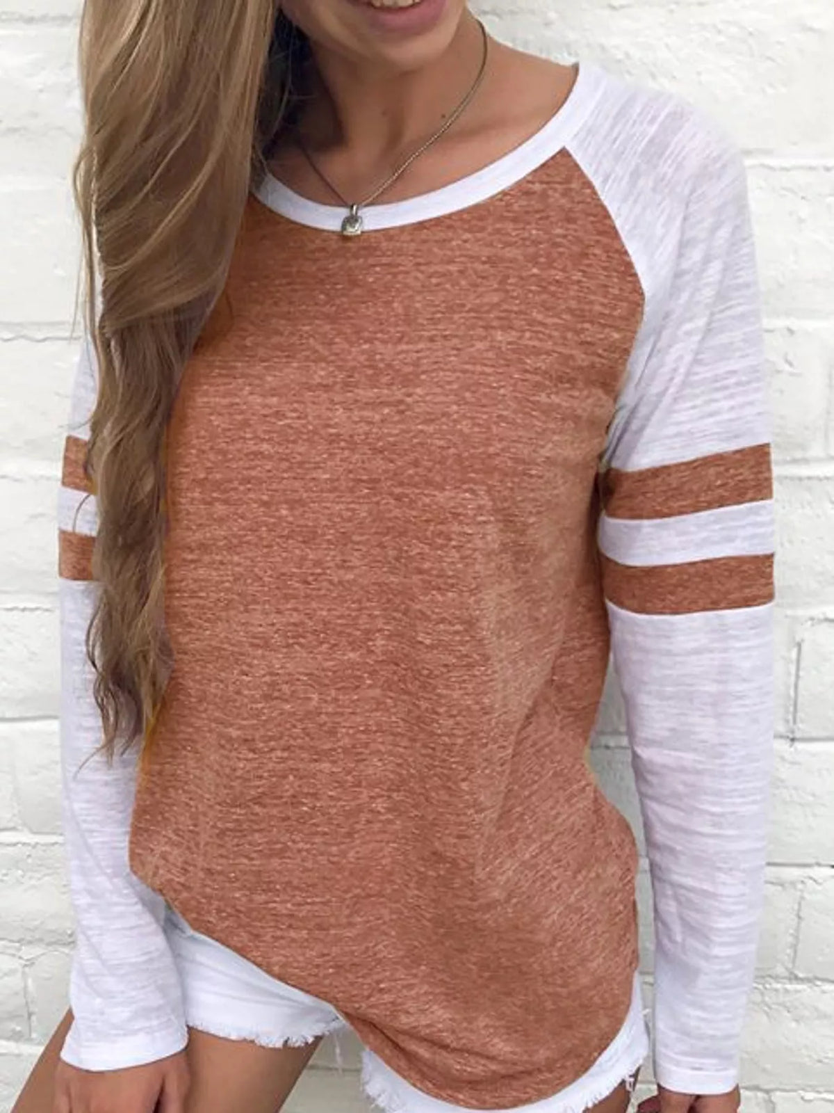Rust color-block raglan sleeve striped t-shirt