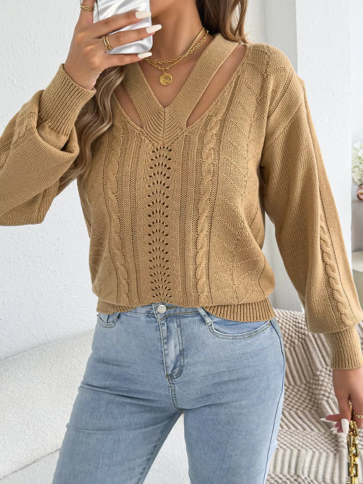 Khaki Color cut-out cable knit sweater