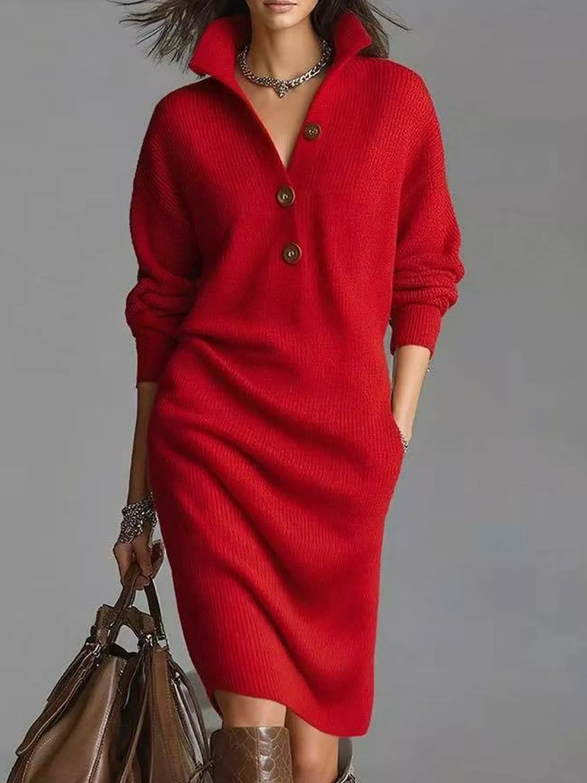 Collared long sleeve knee dress, front view on model