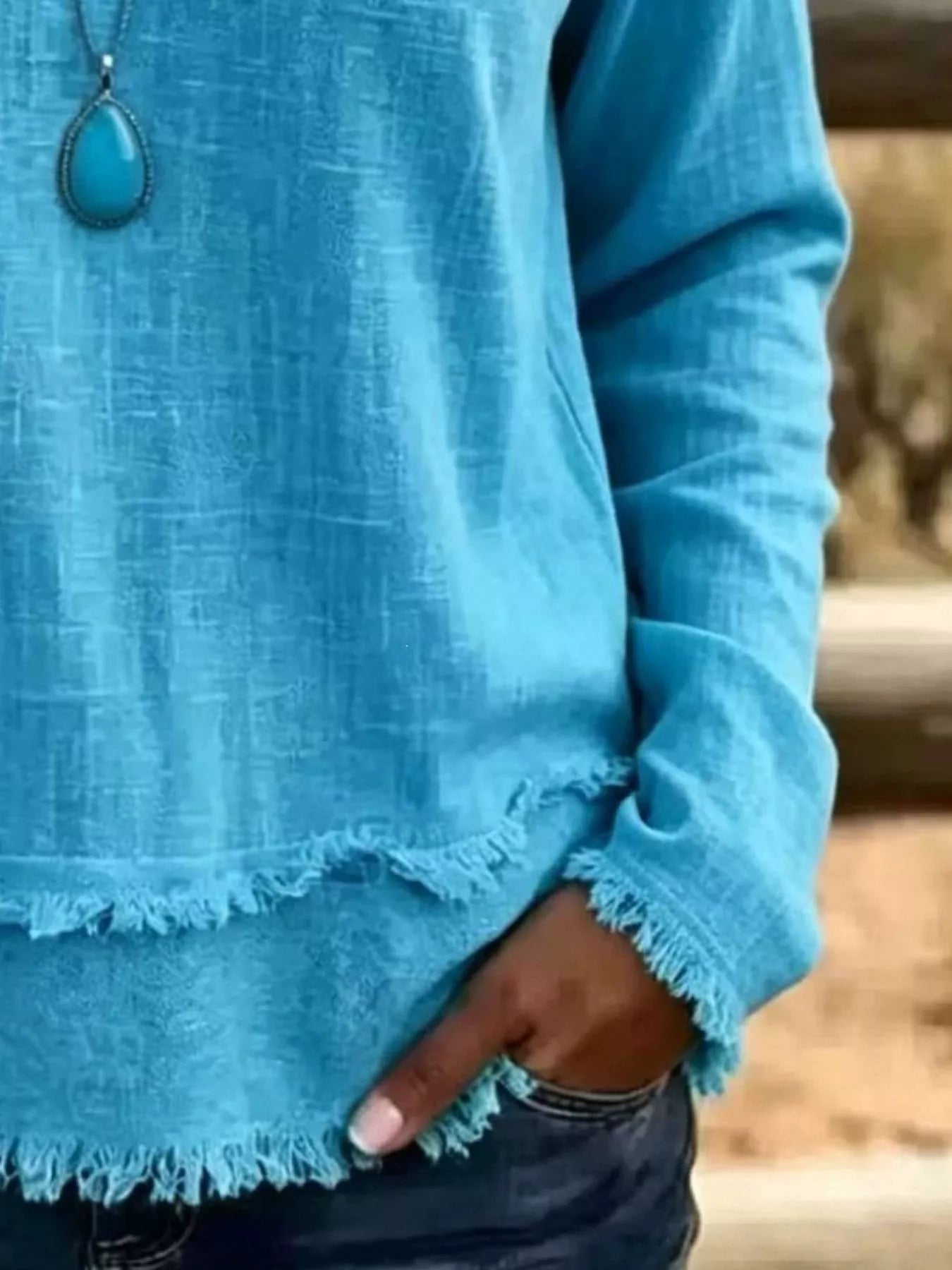 Trendsi V-Neck Long Sleeve Blouse with Frayed Hem Detail -