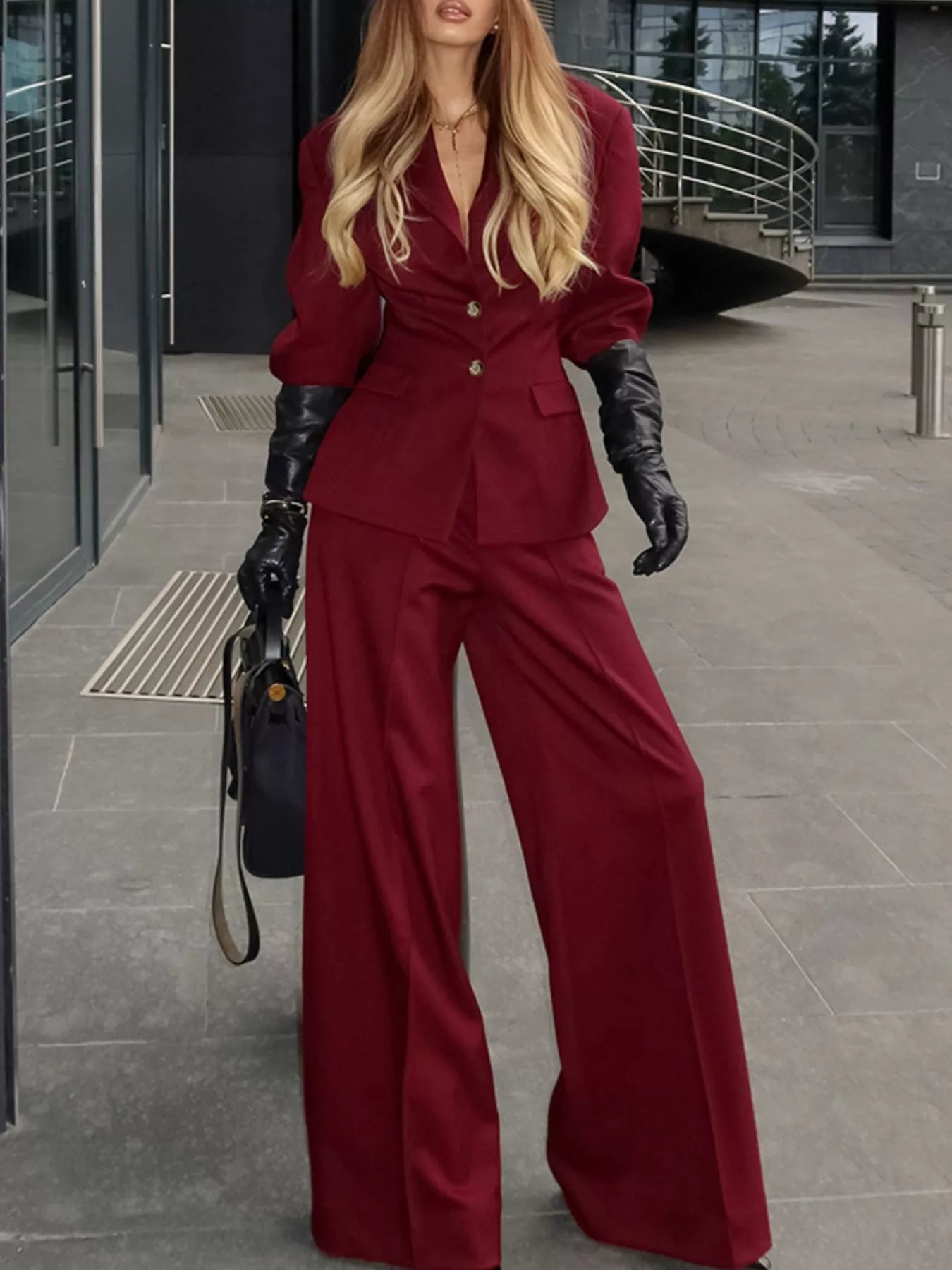 Trendsi Lapel Collar Blazer and Wide-Leg Pants Set -