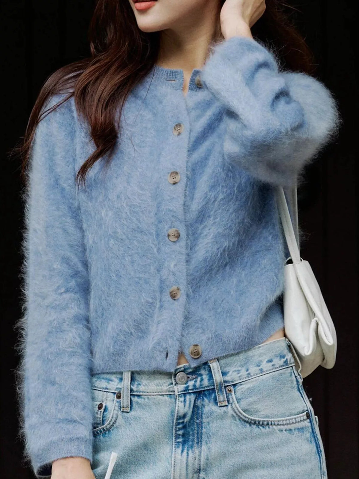 Blue fuzzy button up cropped cardigan
