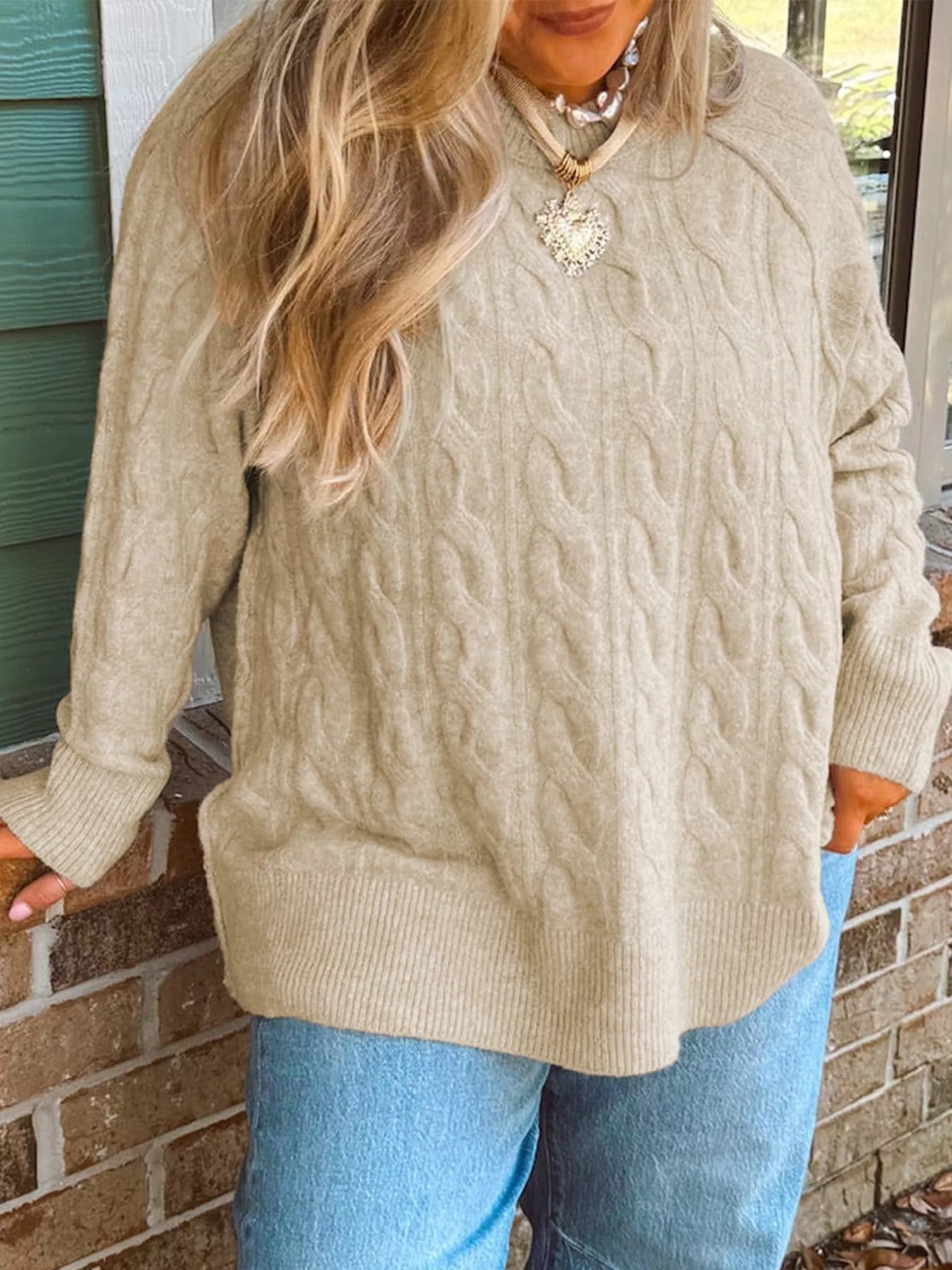Trendsi Plus Size Oversized Cable Knit Long Sleeve Round Neck Sweater -