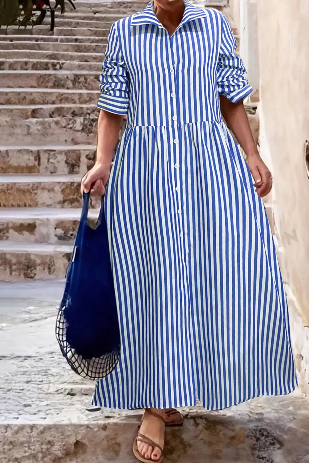 Trendsi Striped Long Sleeve Maxi Shirt Dress -