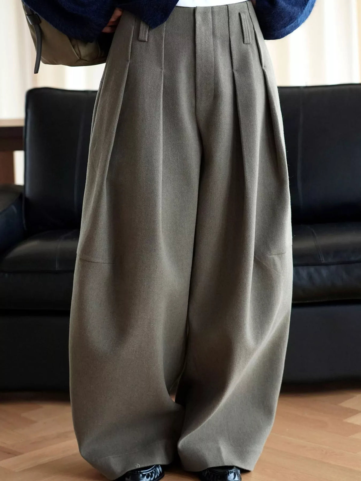 Pleated Wide-Leg Pants in gray-green, front view