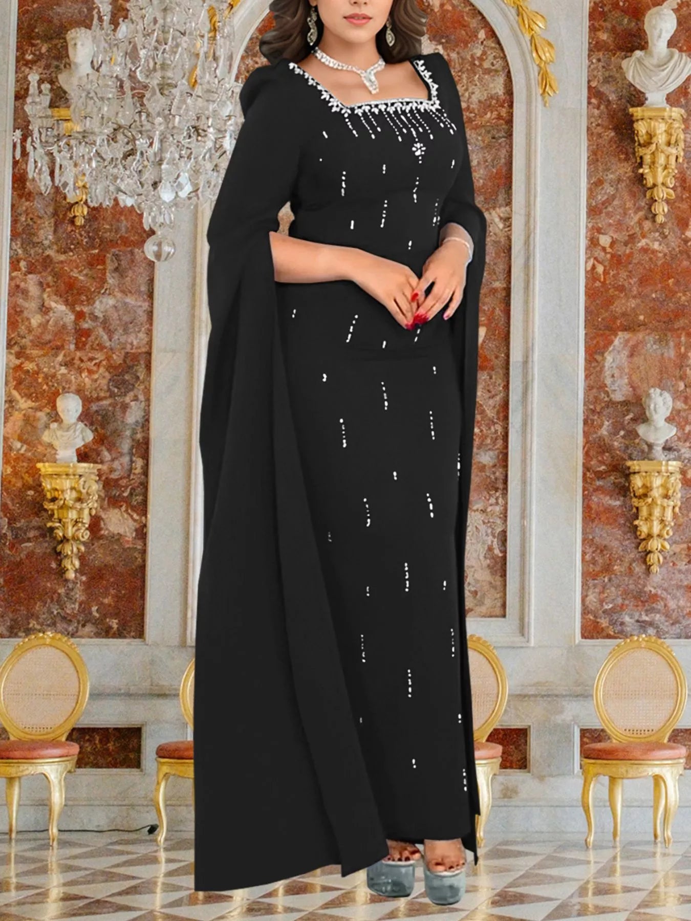Trendsi Rhinestone Square Neck Slit Sleeve Maxi Dress -