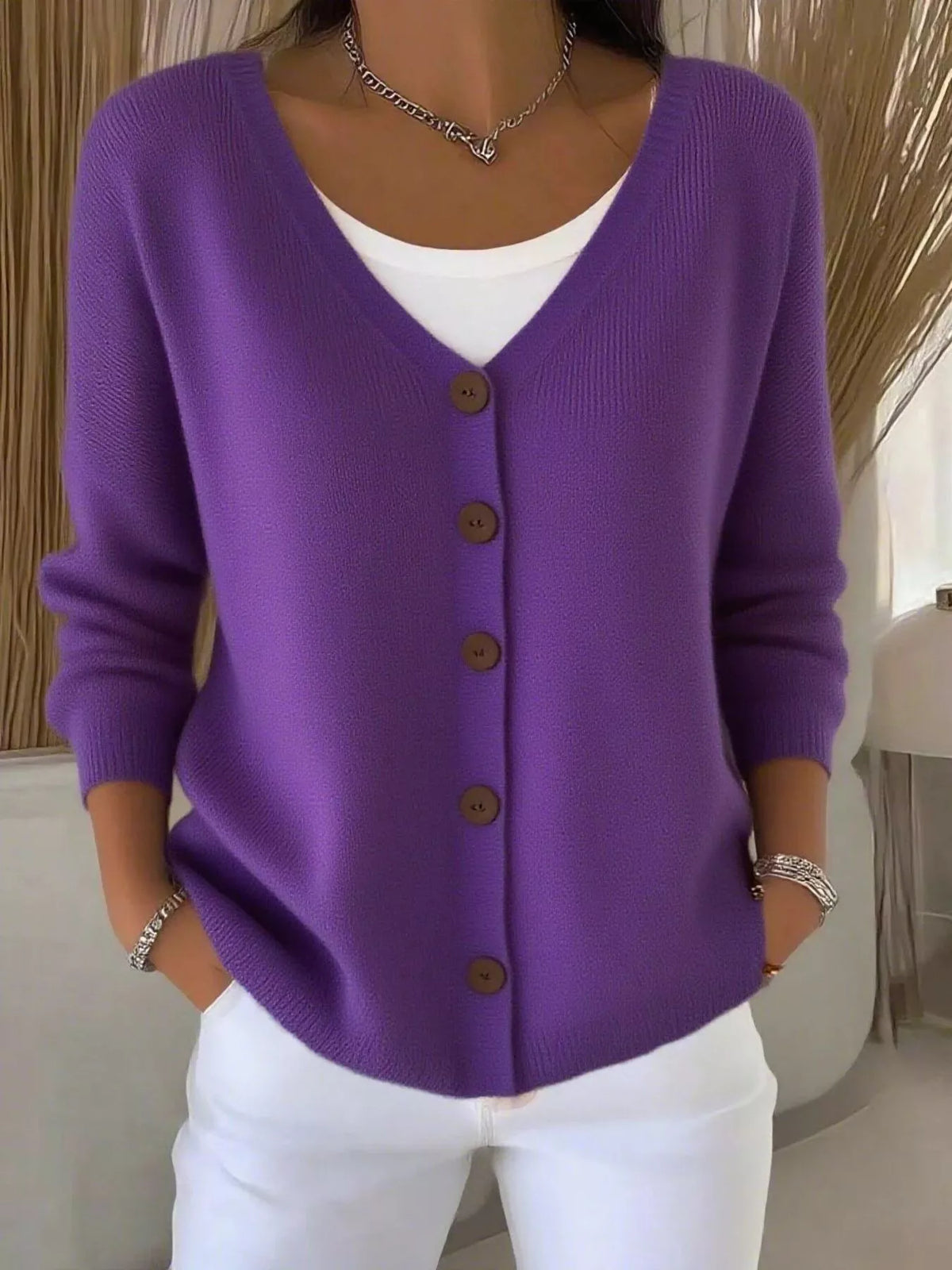 Women's V-Neck Button-Down Knit Cardigan in purple — front view