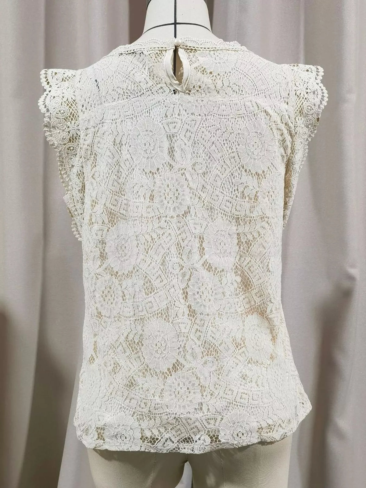Floral Lace Sleeveless Blouse with Scalloped Trim, back view in white