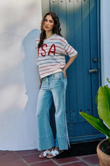 Trendsi SO ME Usa Stripe Knit Short Sleeves Sweater Top -