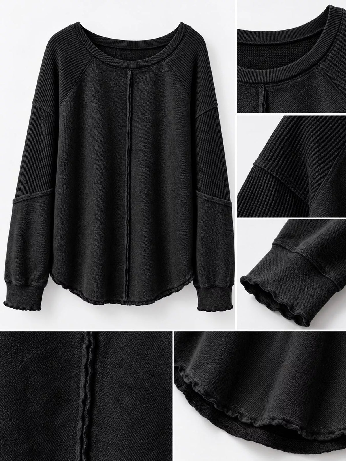 Waffle-knit sweatshirt, black neckline sleeve and seam details