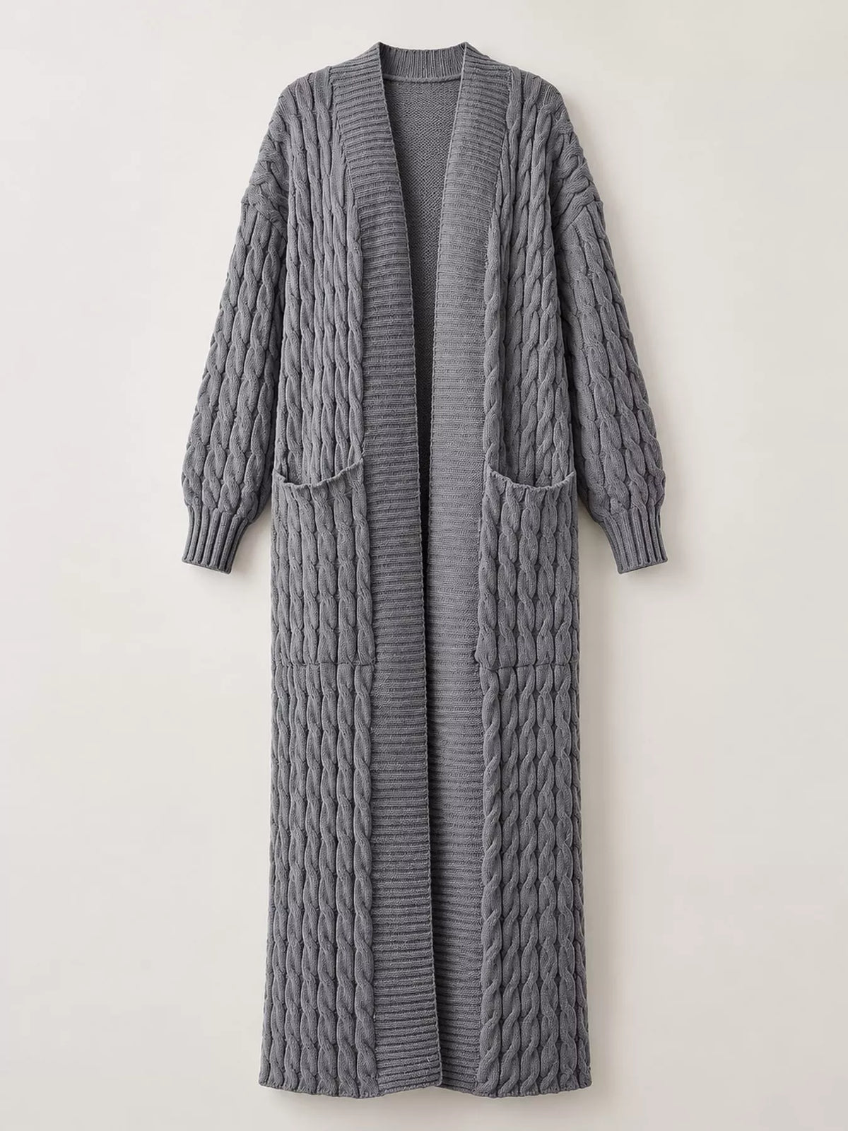 Gray cable-knit longline open-front cardigan, back view