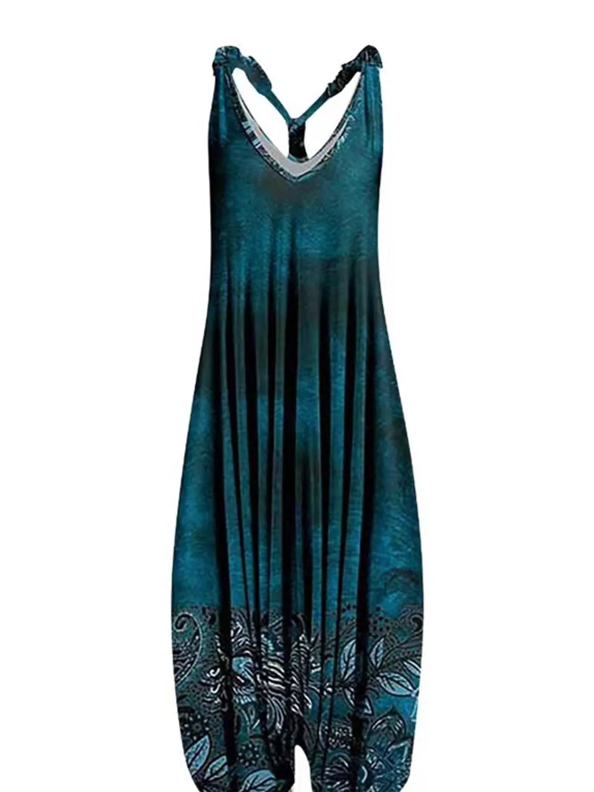 Teal border-print V-neck sleeveless jumpsuit
