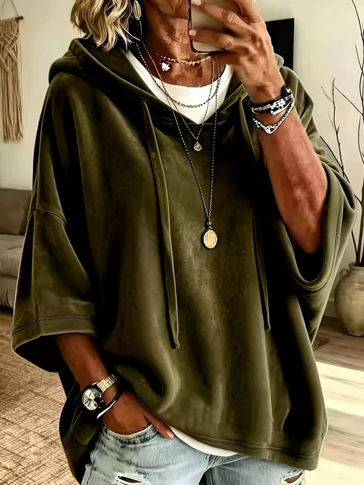 Green velvet half sleeve hoodie with drawstring