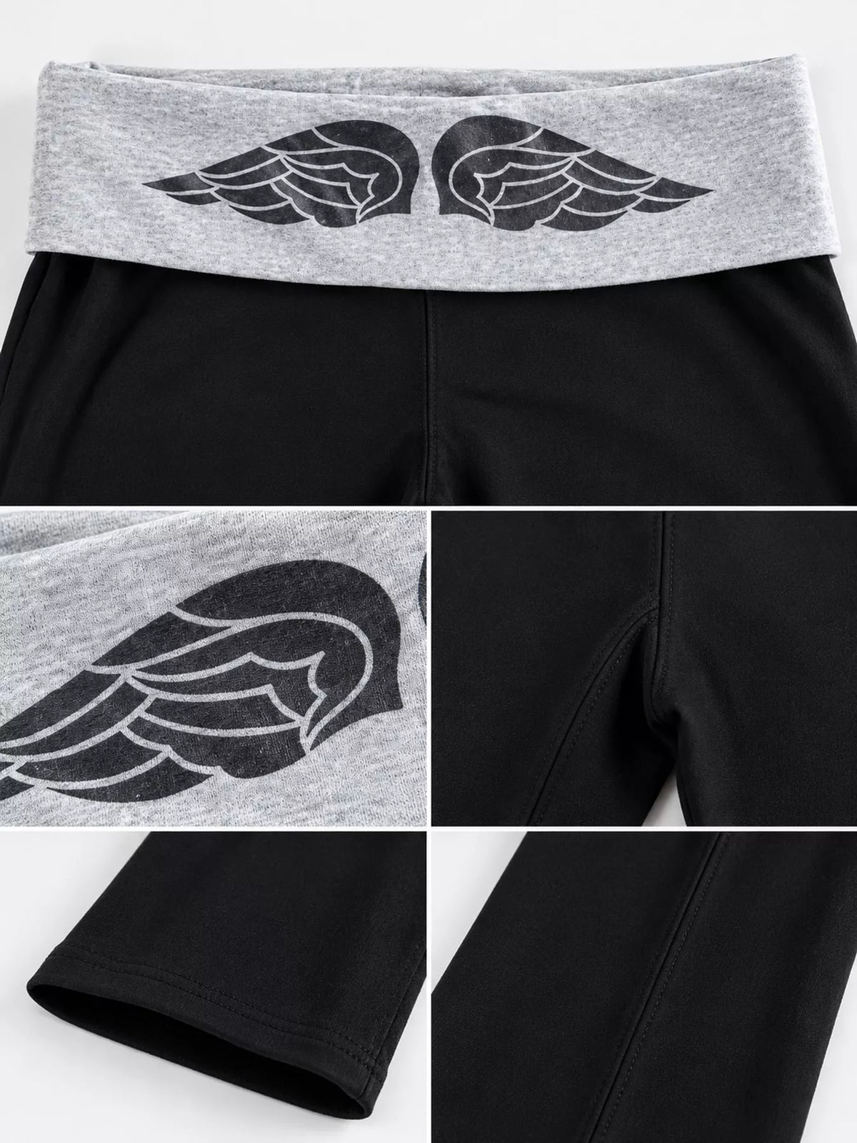 Gray fold-over waist flared pants, detail view