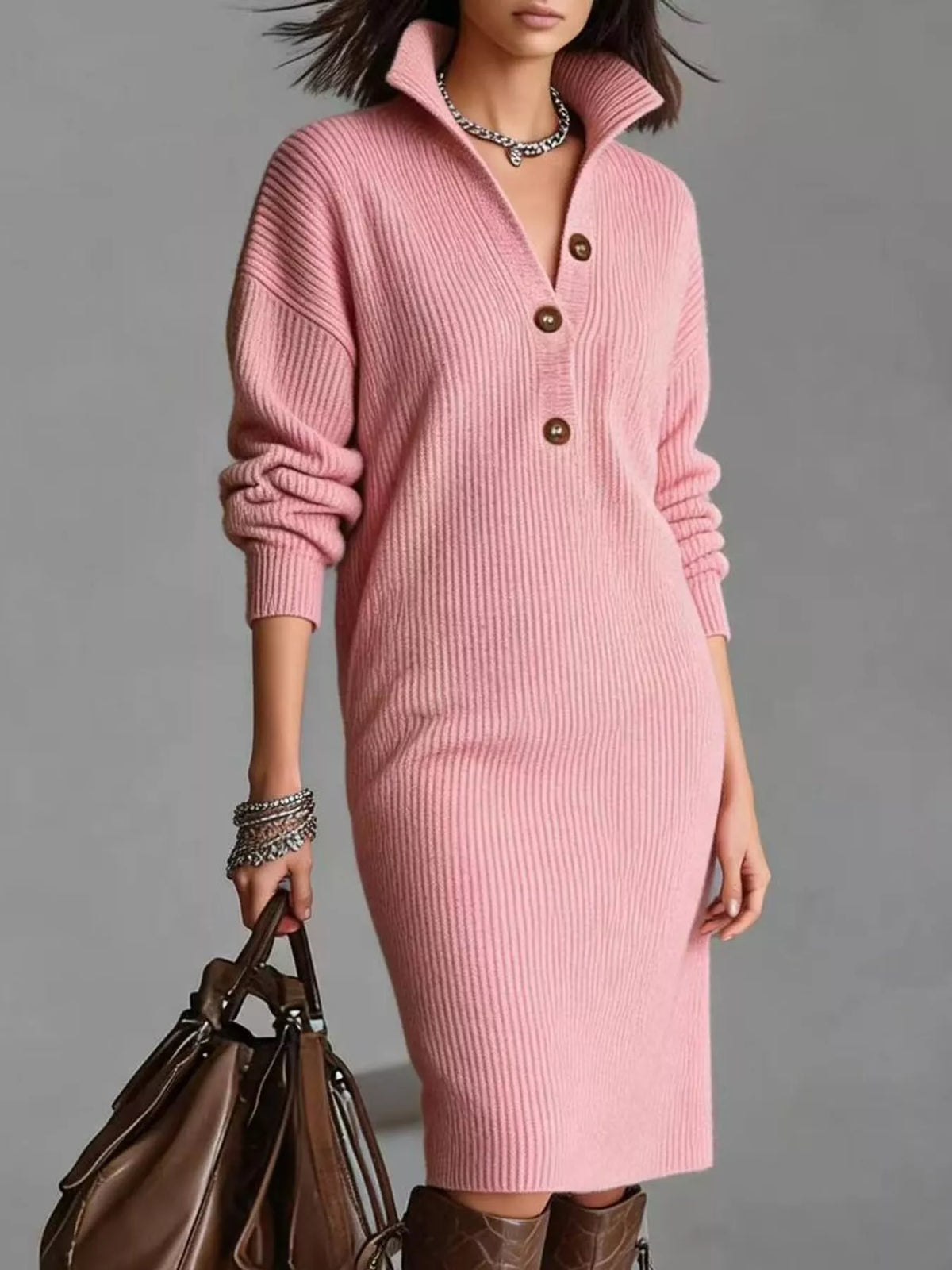 Collared long sleeve knee dress, front view on model