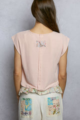 Trendsi POL Floral Print Patch Round Neck Cropped T-Shirt with Lace Trim -