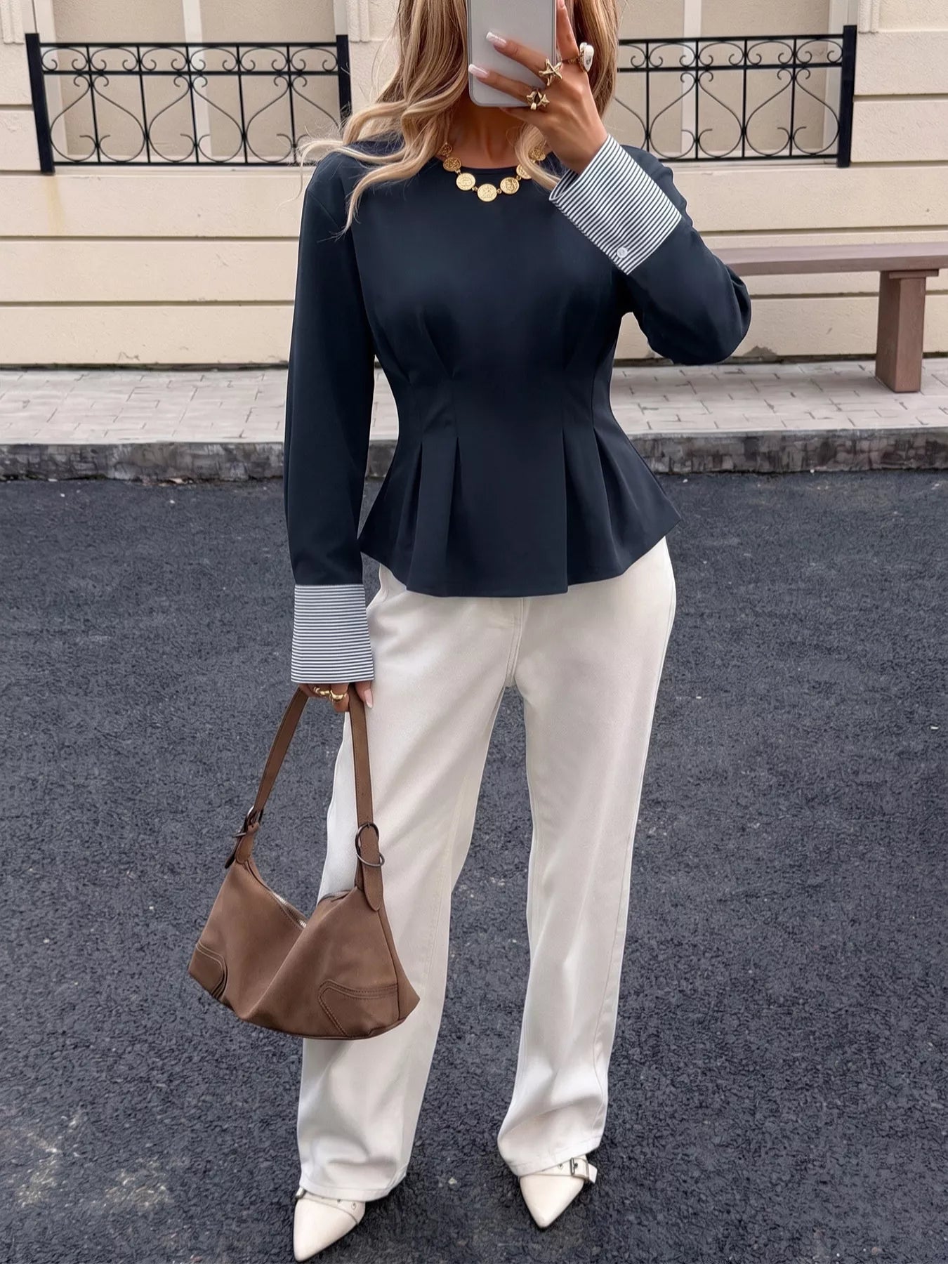 Trendsi Round Neck Peplum Top with Striped Cuffs -
