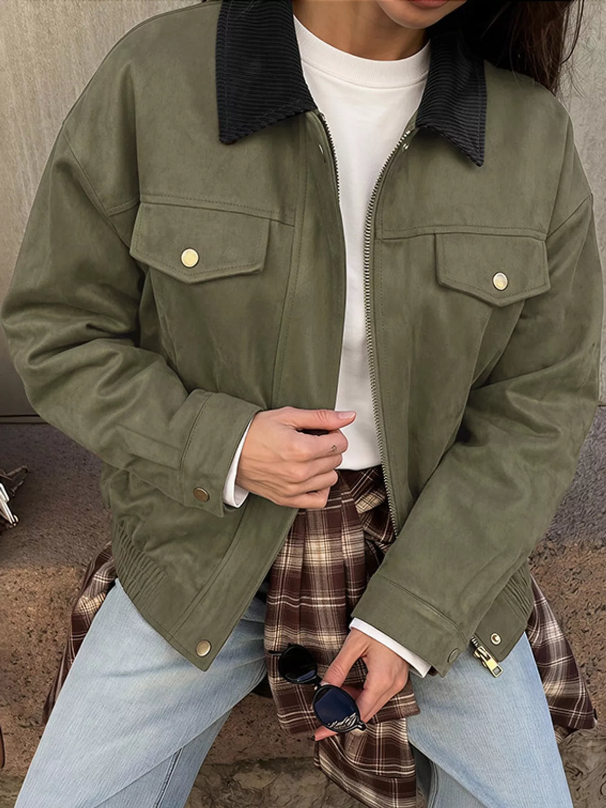 Green zip-up dropped shoulder jacket — front view