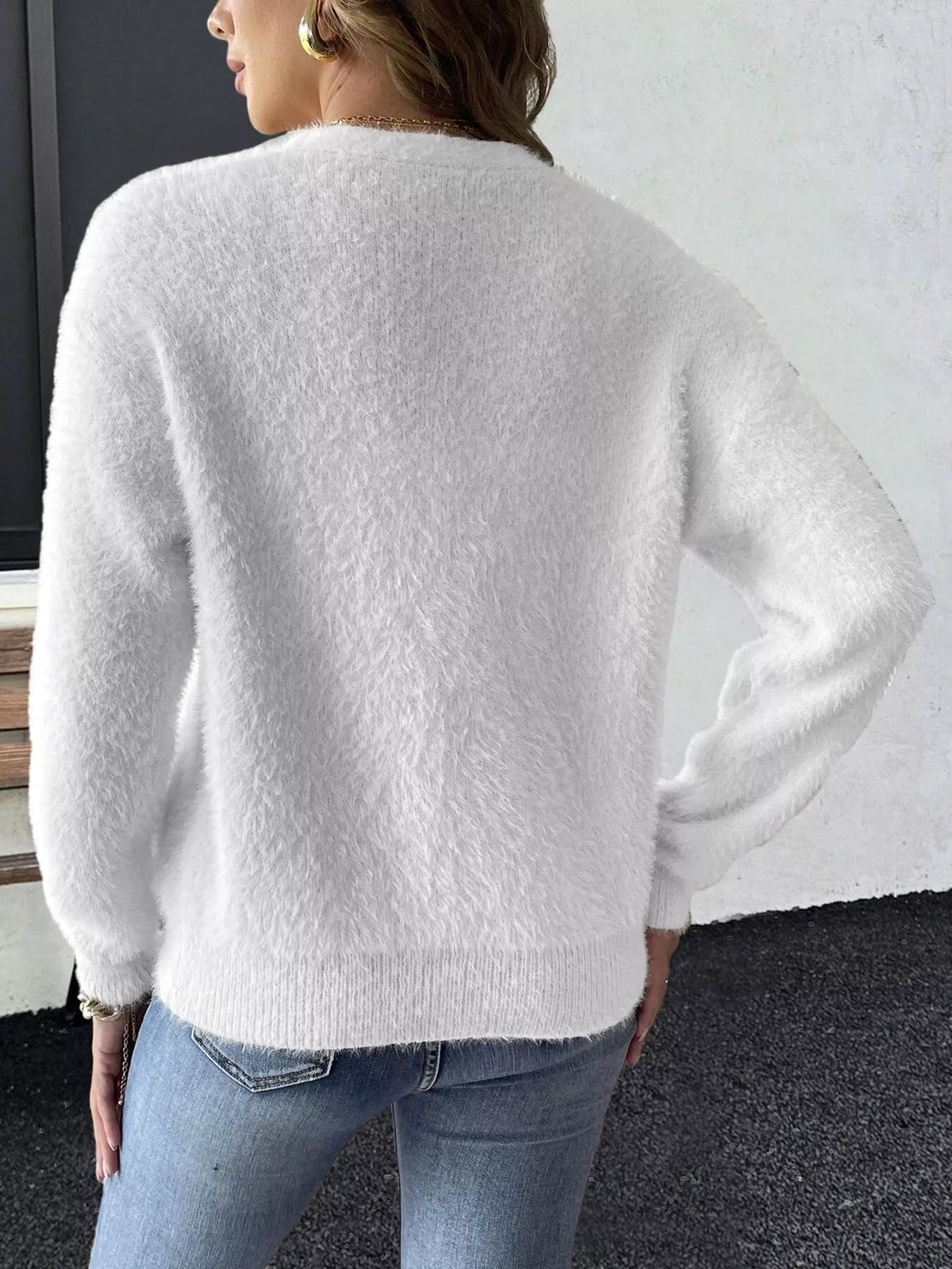 White strawberry-applique cardigan, back view