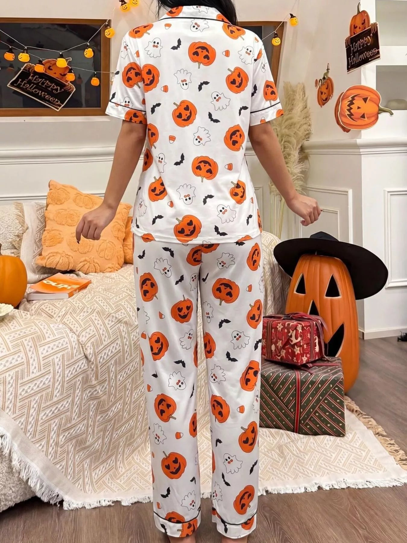 Trendsi Halloween Pumpkin Print Button-Down Top and Pants Set -