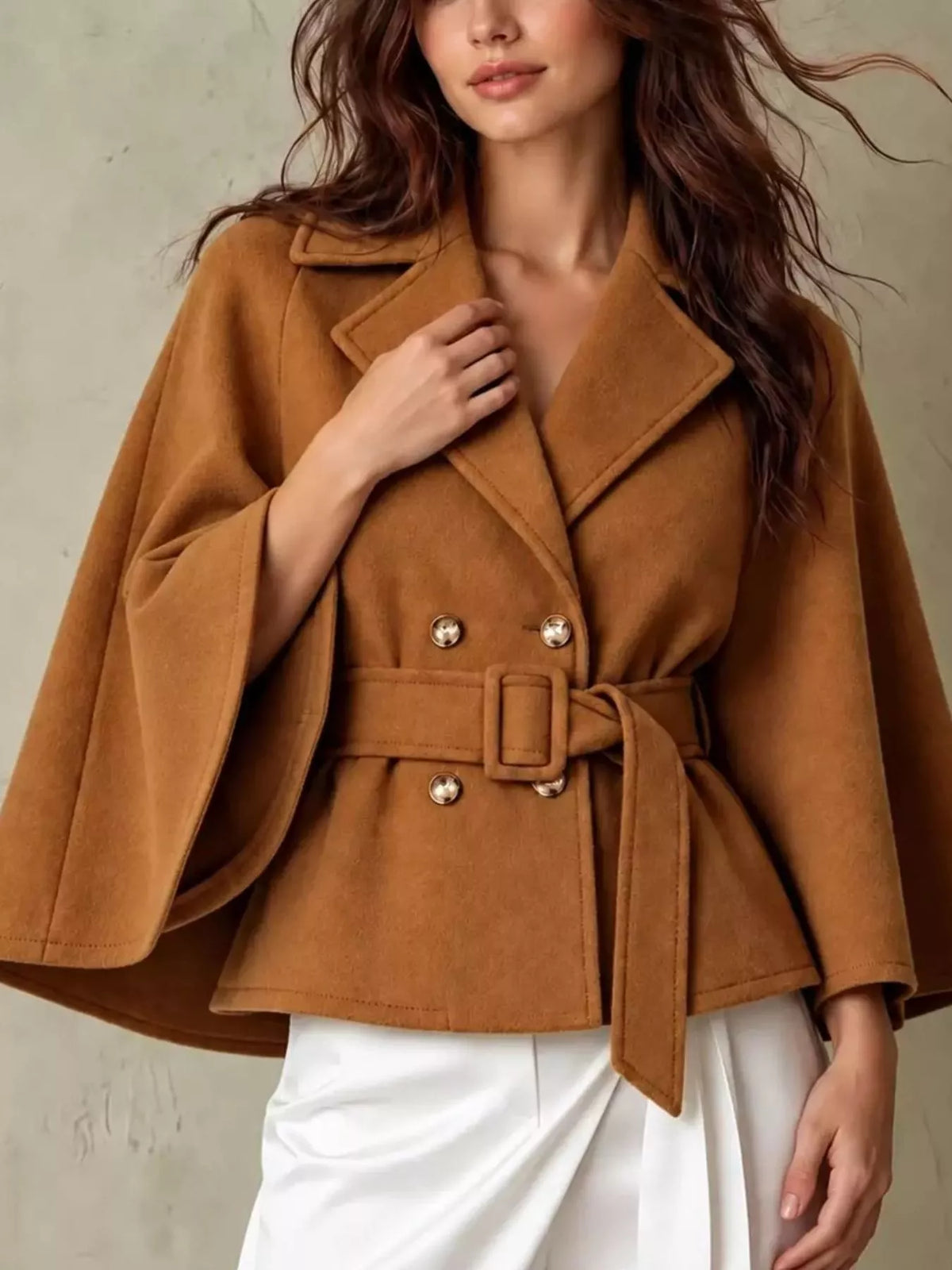 Double-Breasted Cape Coat with Belt in caramel