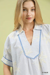 Trendsi Umgee Striped Embroidered Blouse with Scallop Trim -