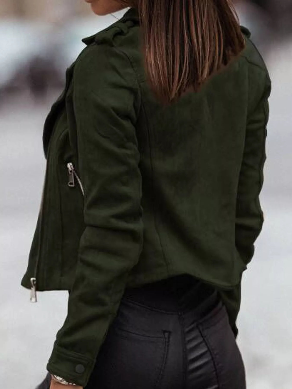 Green asymmetrical zipper long sleeve jacket — back view