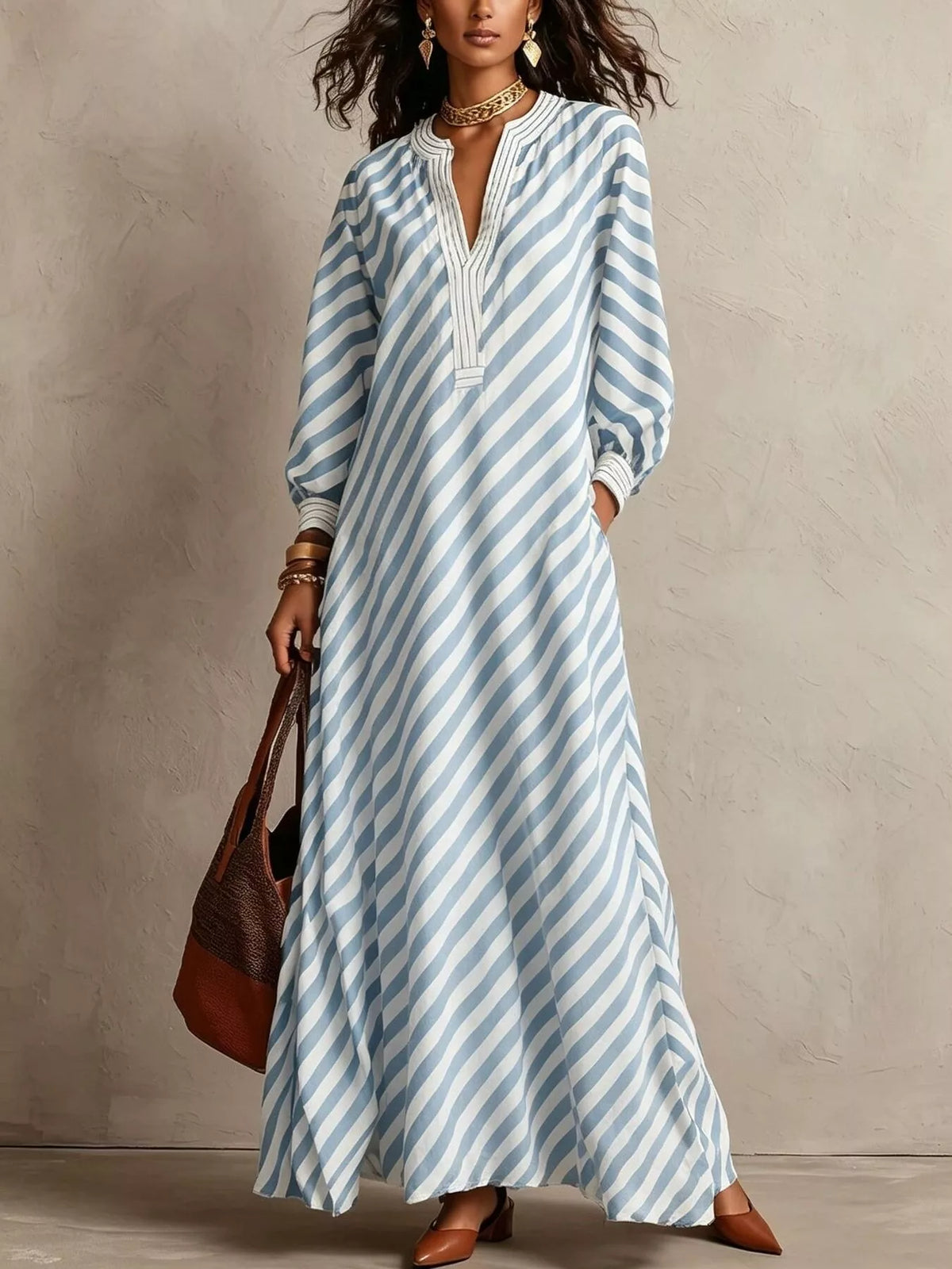 Striped Long Sleeves Maxi Dress in blue, front view