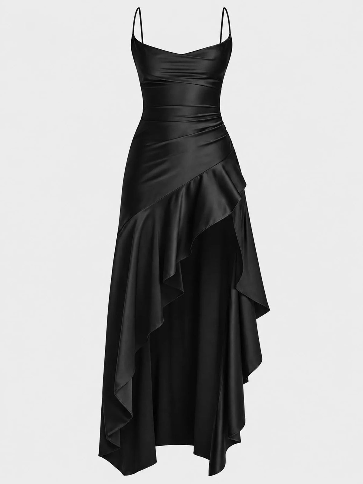 Black high-low ruffle-hem evening dress, product view
