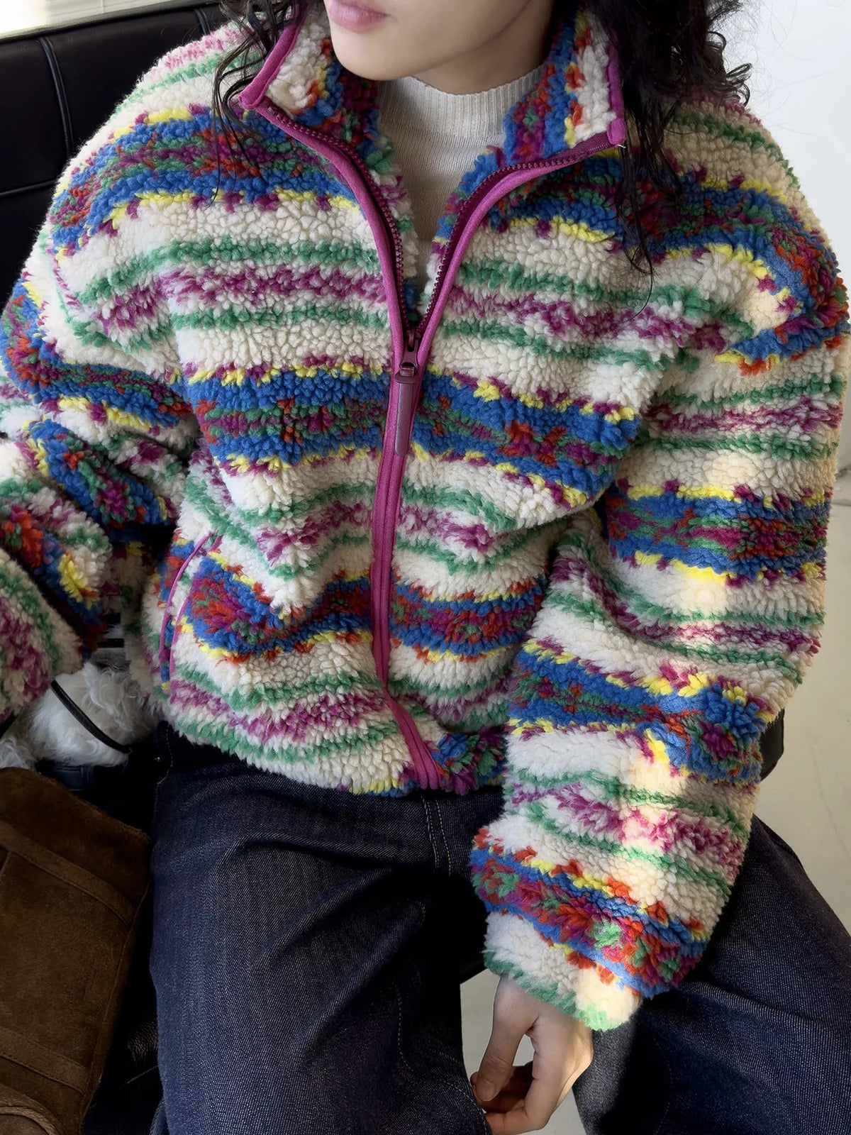 Multicolor colorful patterned sherpa zip up jacket, front view
