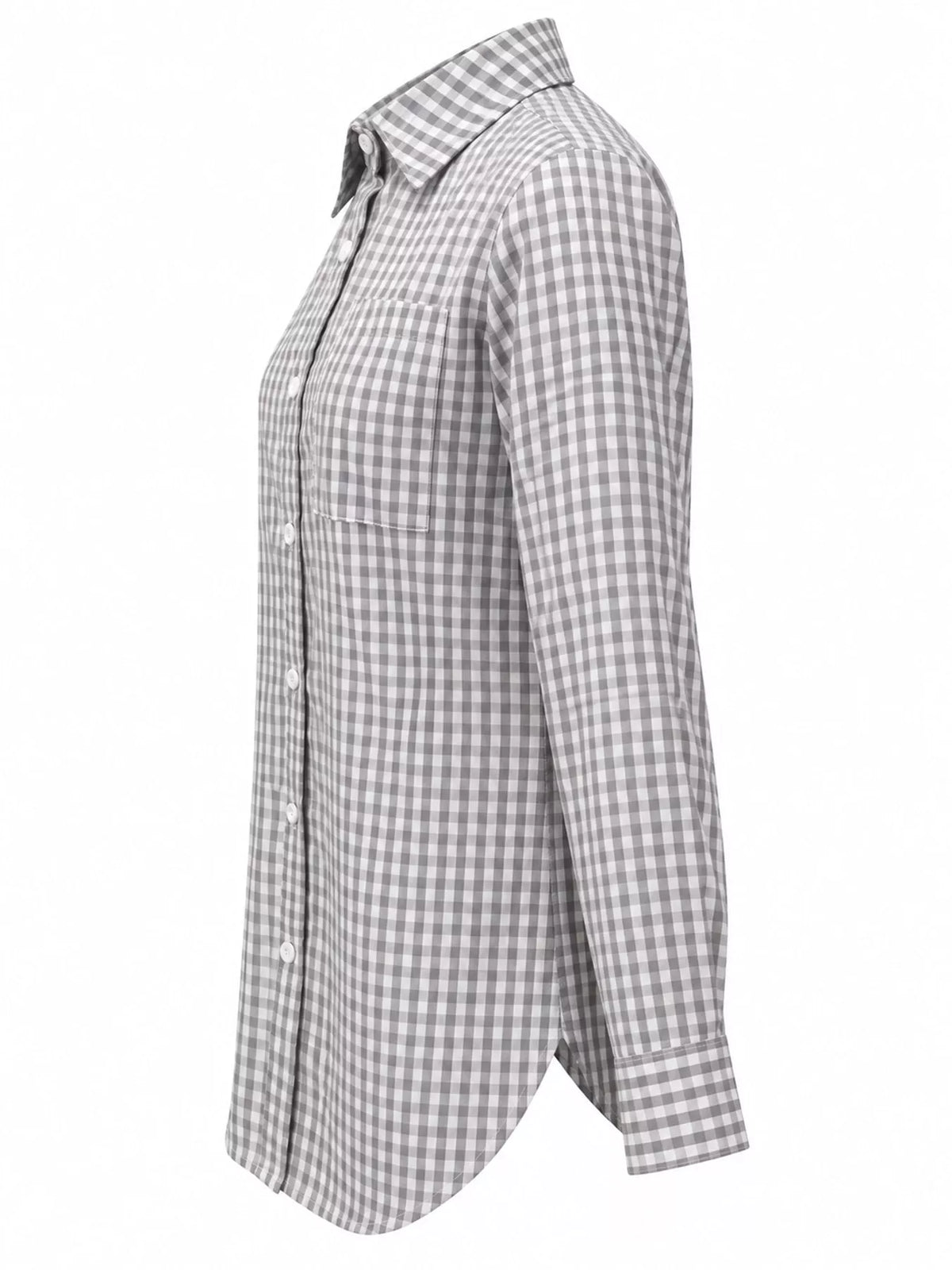 Gray and white plaid button-down shirt, side view