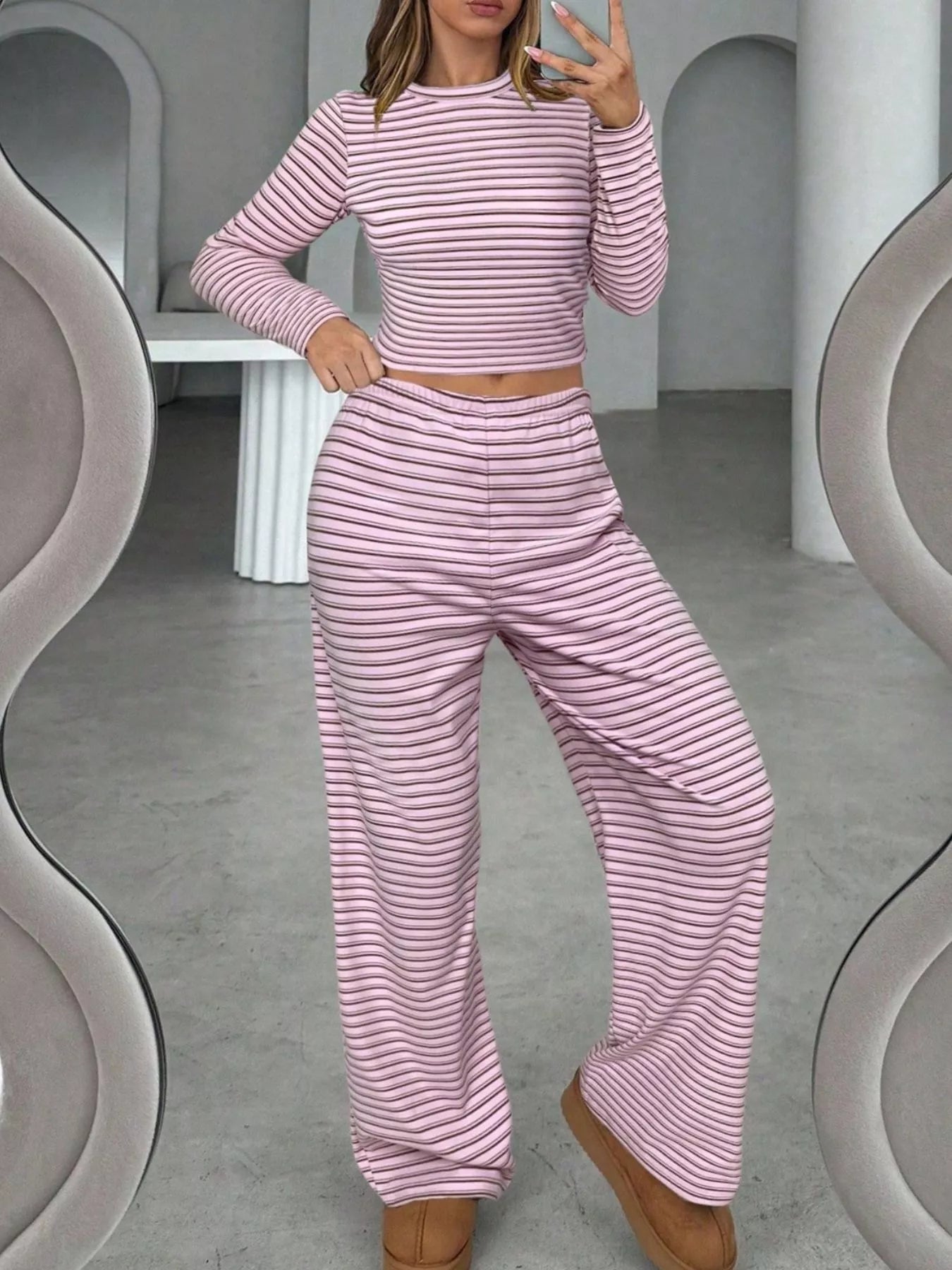 Trendsi Striped Long Sleeve Crop Top and Wide Leg Pants Two-Piece Set -