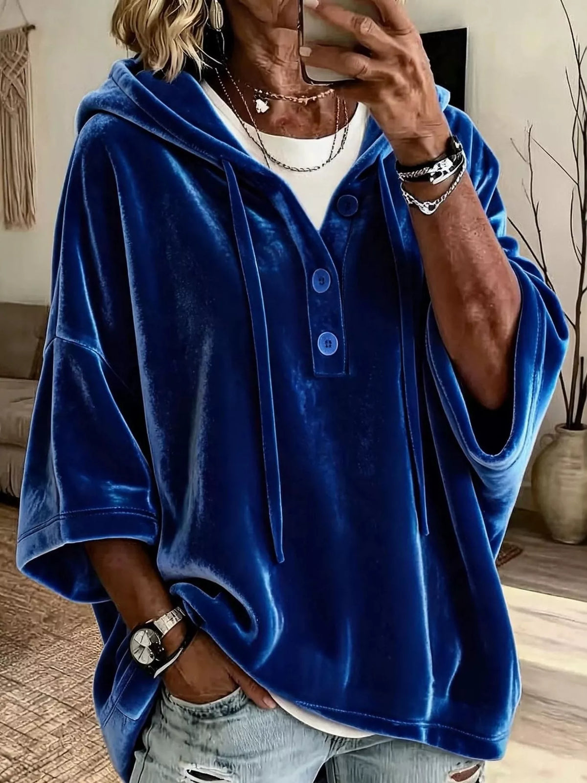 Velvet Button Hoodie in dark blue, front view