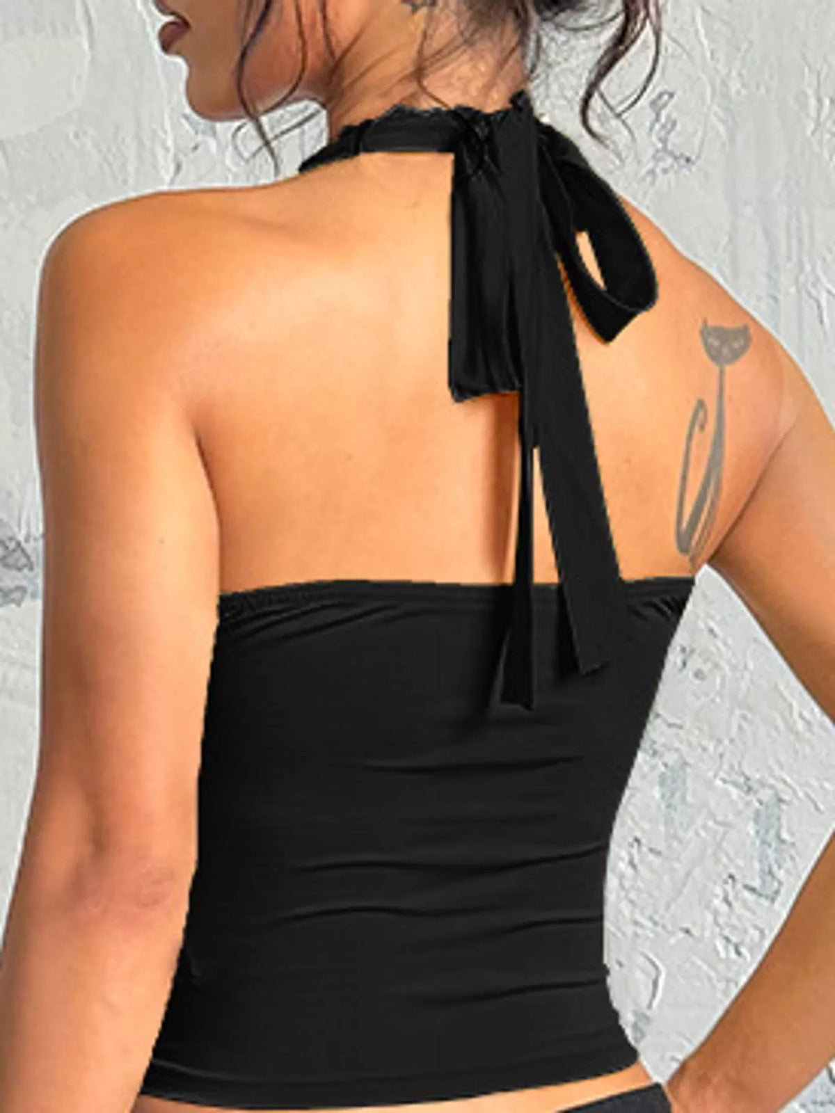 Black lace detail halter neck cami, back view