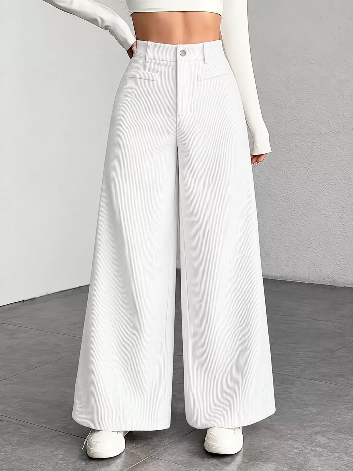 White high-waisted wide-leg pants